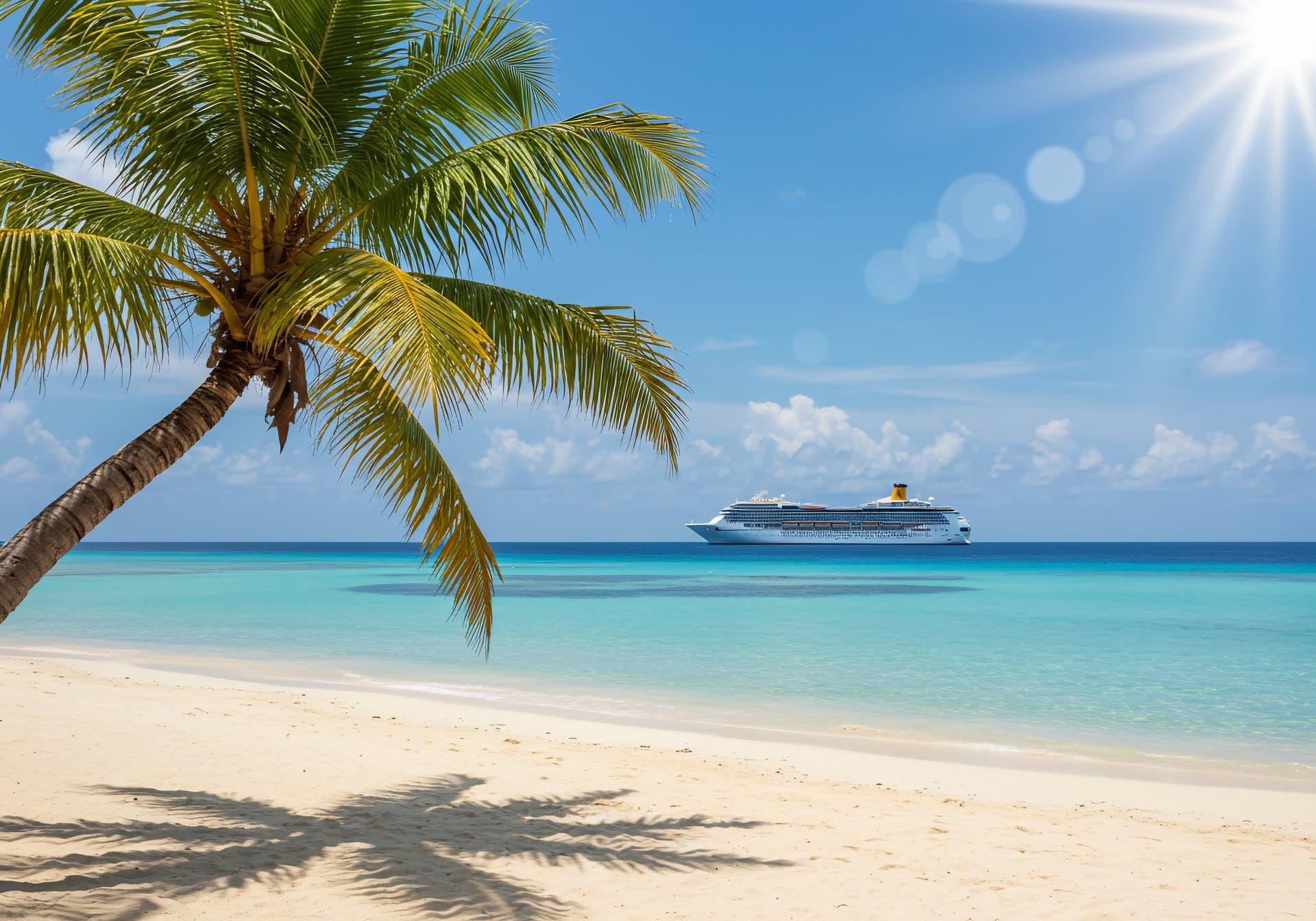 Tropical Beach Paradise with Cruise Ship and Palm Tree